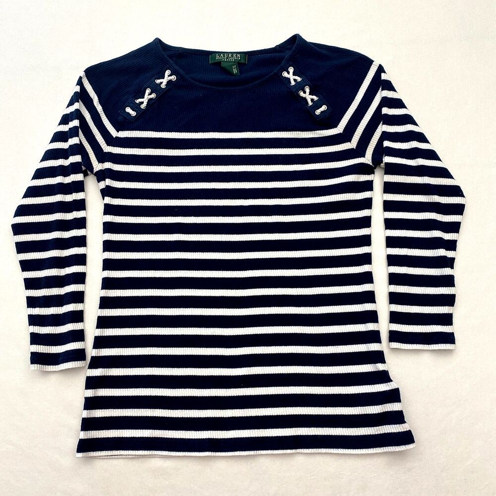 Lauren Ralph Lauren Striped Top Womens Petite Medium Blue White Nautical Preppy